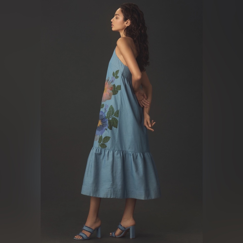 Anthropologie Pilcro Halter Embroidered Denim Midi Dress - Picture 3 of 11